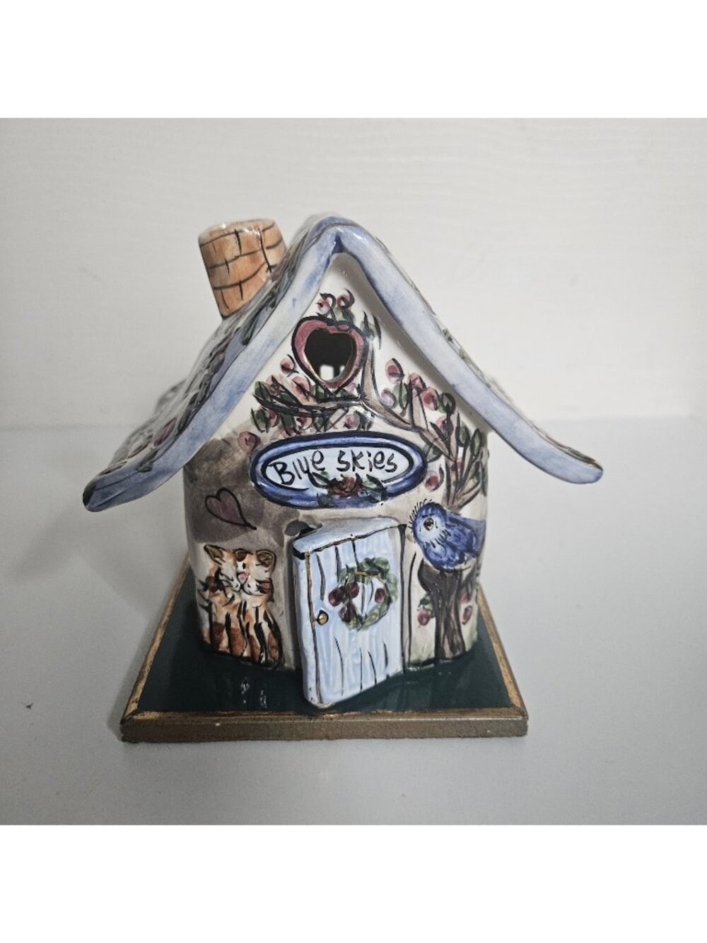 Vintage 2000 Blue Sky Bird House Cat Heather Goldminc Candle Tea Light Holder